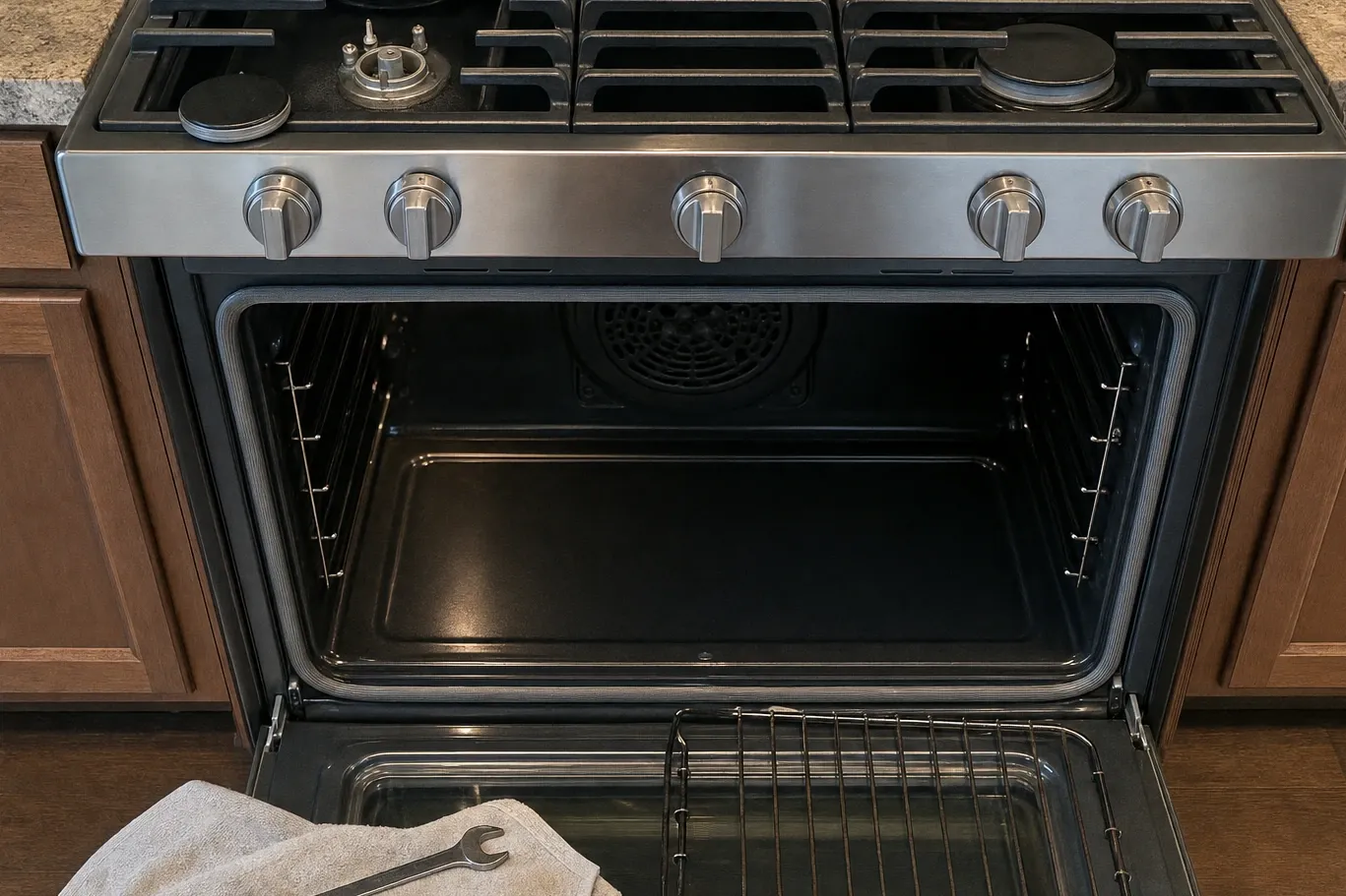 Open oven cavity with the convection fan cover on the rear wall and rack rails down both sides
