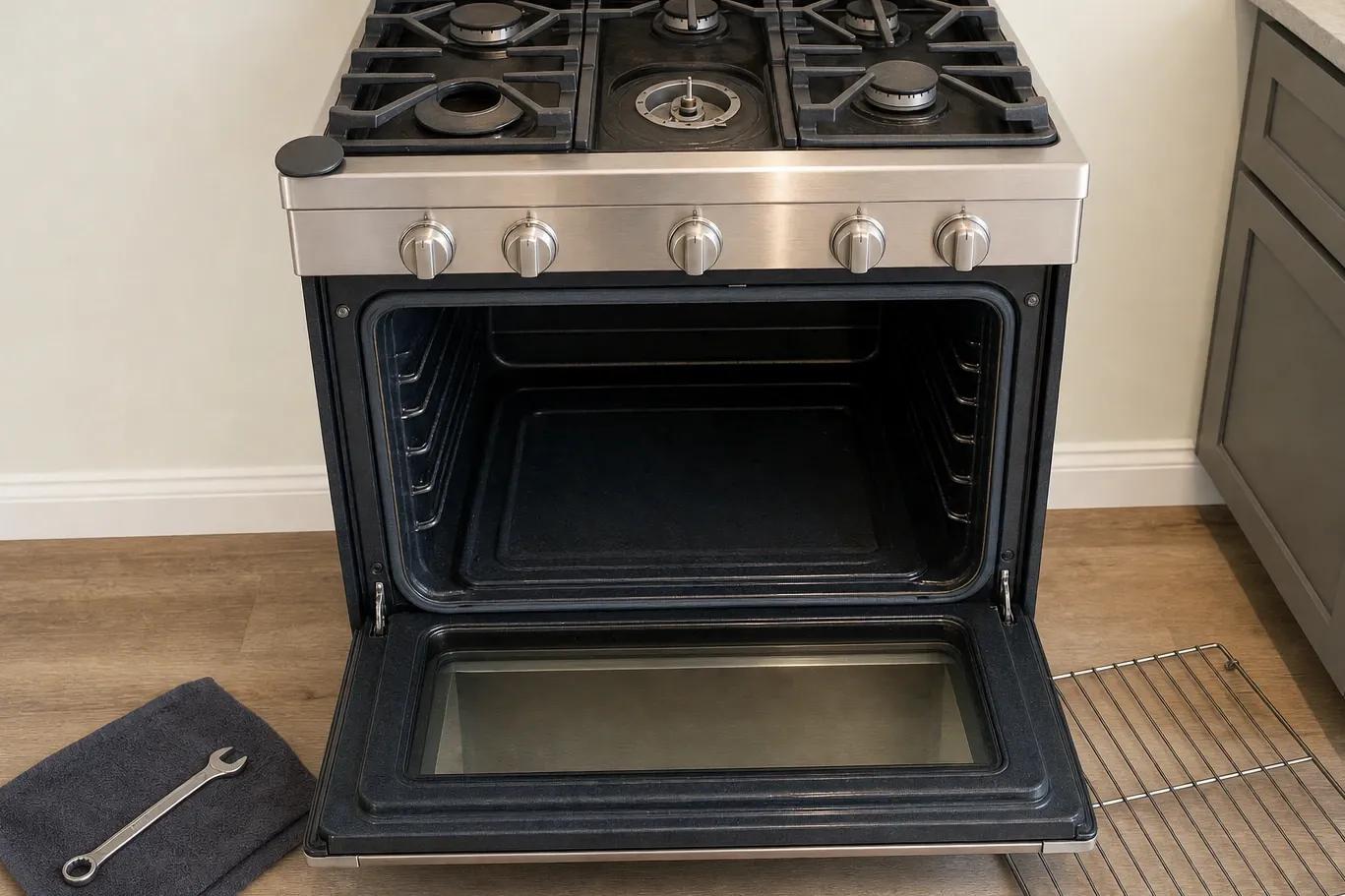 Stainless gas range seen straight on with the oven door open and level and one cooktop burner cap removed